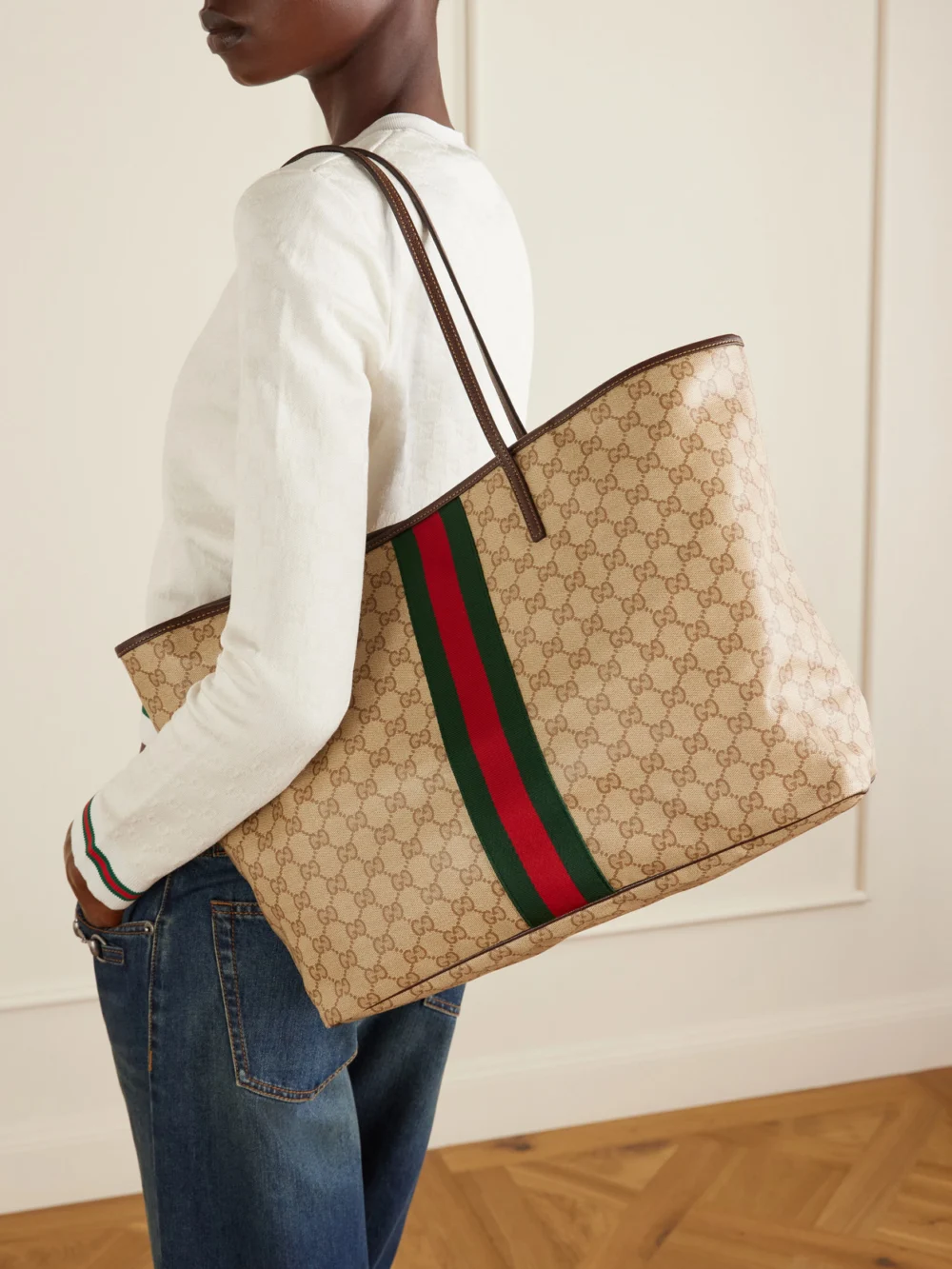 Gucci Tribeca Leather-trimmed Coated Canvas-jacquard Tote, styled view