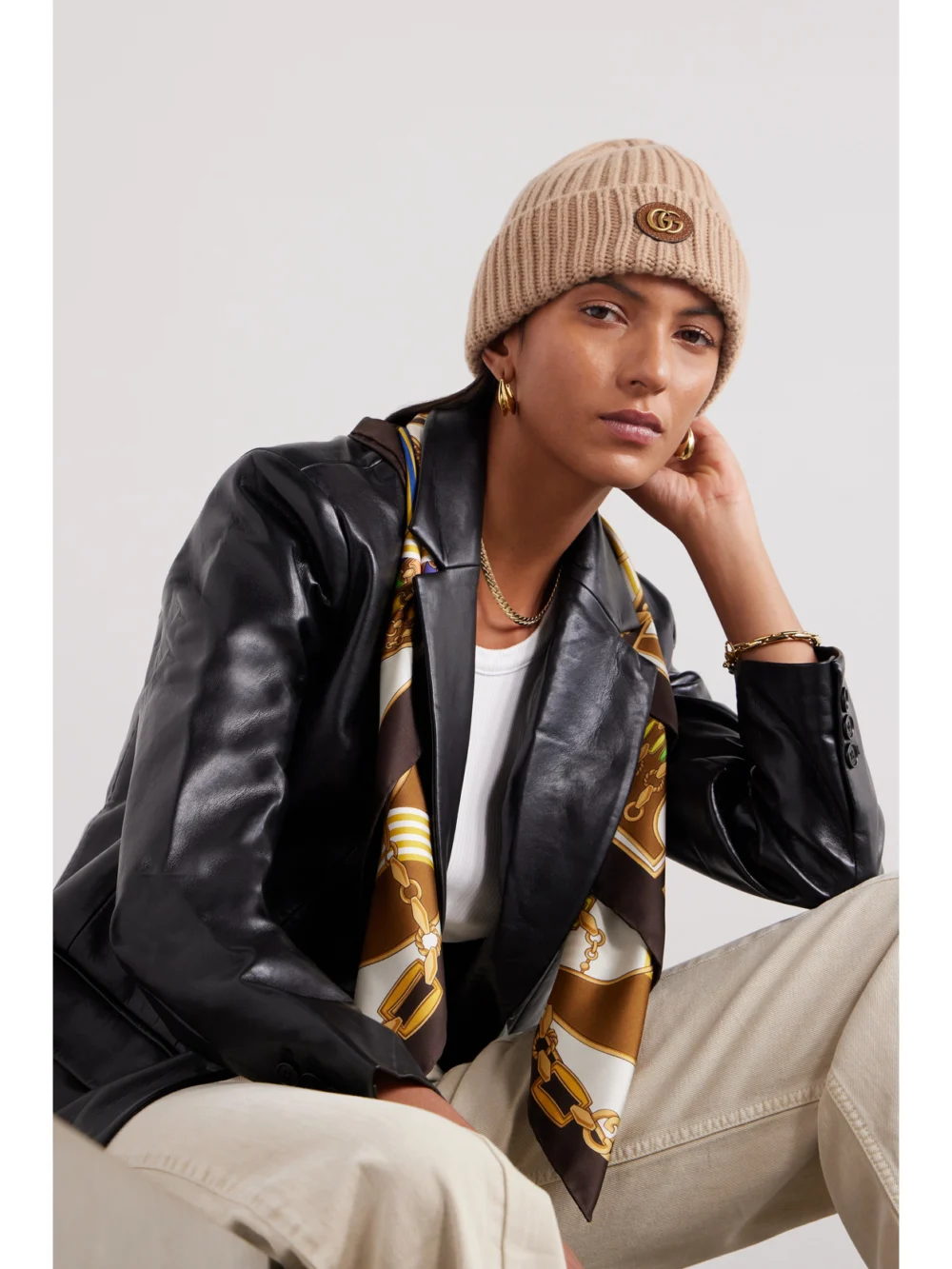 Gucci Victor Appliquéd Ribbed Wool and Cashmere-blend Beanie, styled view