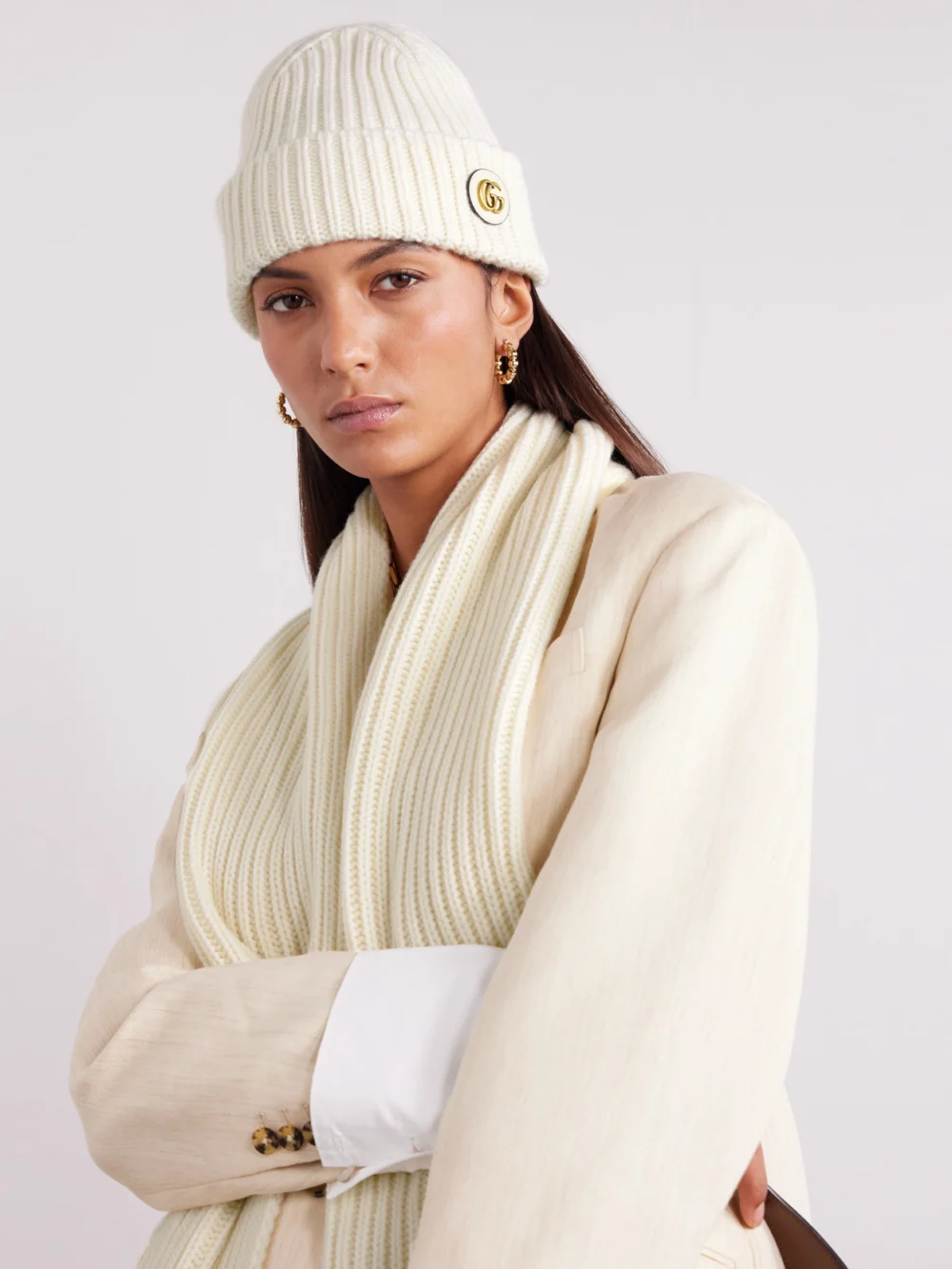 Gucci Victor Appliquéd Ribbed Wool and Cashmere-blend Beanie, styled view