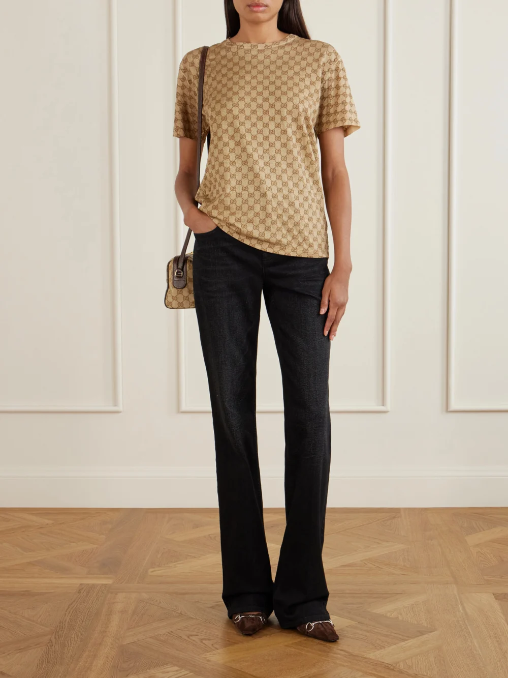 Gucci Vittoria 75 Horsebit-embellished Suede Pumps, styled view