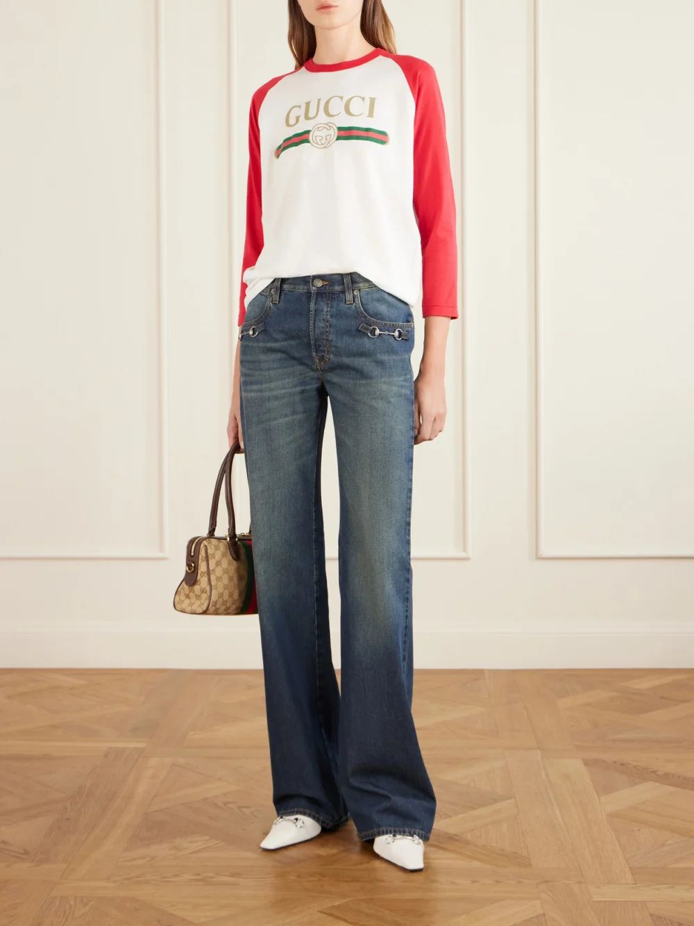 Gucci Vittoria Collapsible-heel Horsebit-embellished Leather Pumps, styled view