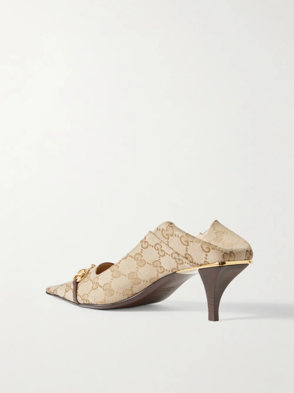 Back view of the Gucci Vittoria Collapsible-heel Horsebit-embellished Leather-trimmed Canvas-jacquard Pumps