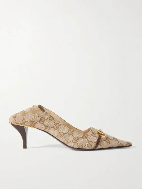 Gucci Vittoria Collapsible-heel Horsebit-embellished Leather-trimmed Canvas-jacquard Pumps