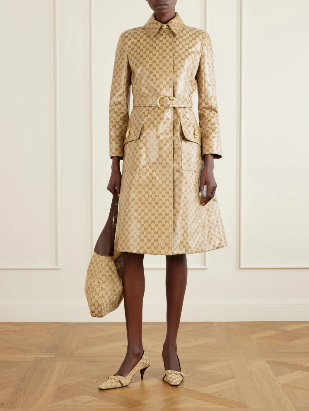 Gucci Vittoria Collapsible-heel Horsebit-embellished Leather-trimmed Canvas-jacquard Pumps, styled view