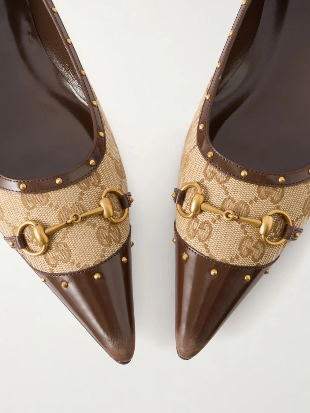 Close-up detail of the Gucci Vittoria Horsebit-embellished Canvas-jacquard Ballet Flats