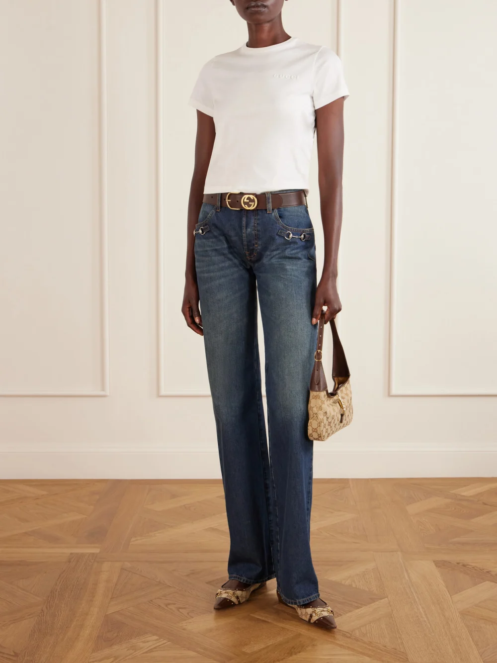 Gucci Vittoria Horsebit-embellished Canvas-jacquard Ballet Flats, styled view