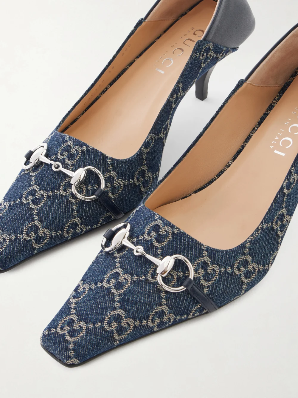 Close-up detail of the Gucci Vittoria Horsebit-embellished Canvas-jacquard Pumps