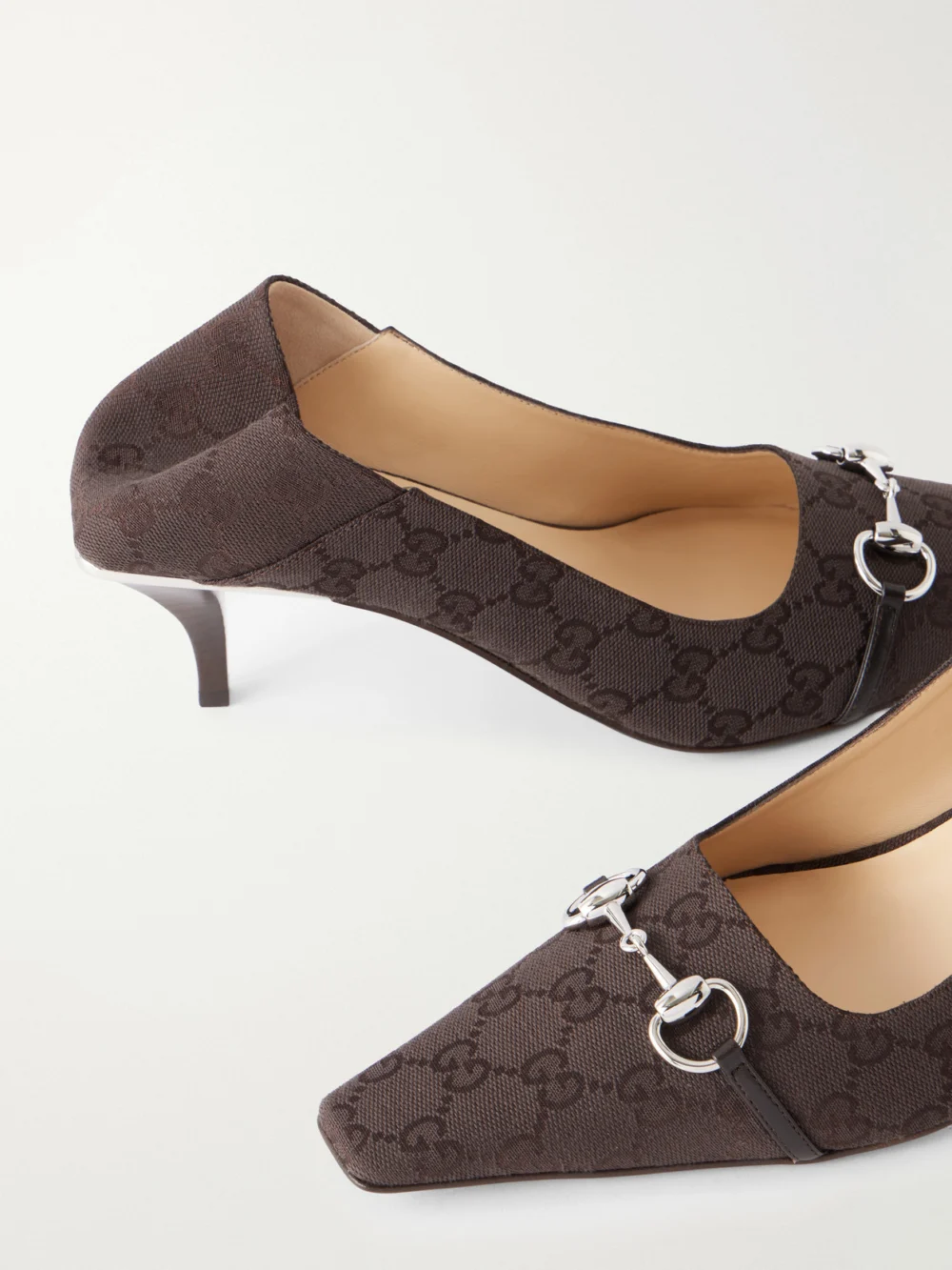 Close-up detail of the Gucci Vittoria Horsebit-embellished Canvas-jacquard Pumps