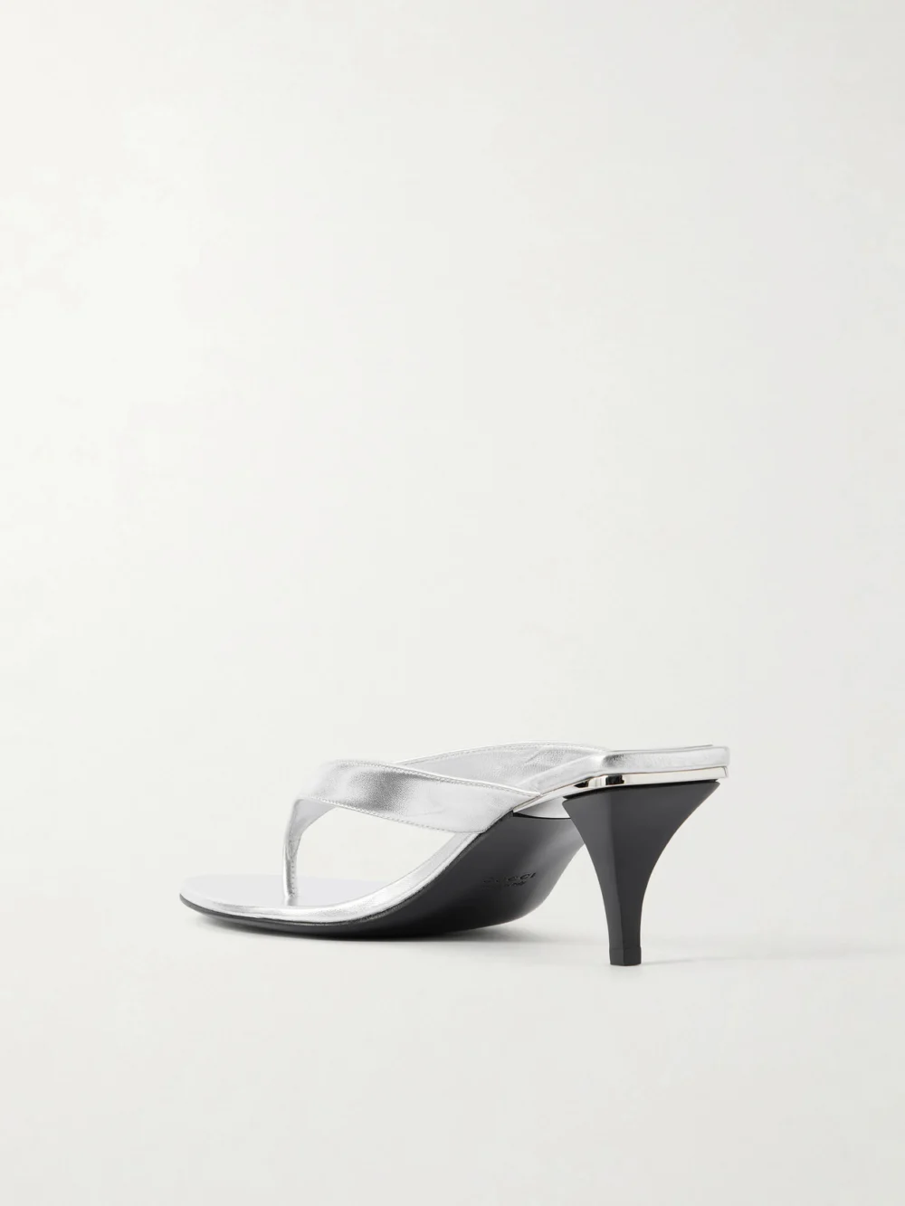 Back view of the Gucci Vittoria Logo-embellished Metallic Leather Thong Sandals