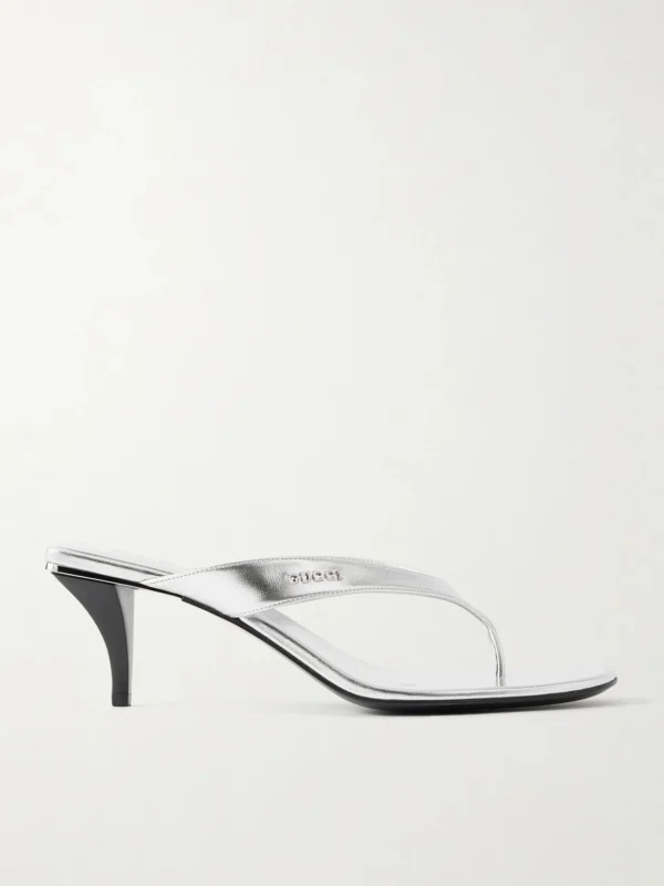 Gucci Vittoria Logo-embellished Metallic Leather Thong Sandals