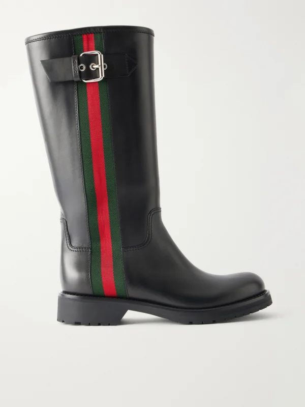 Gucci Web-detailed Leather Knee Boots