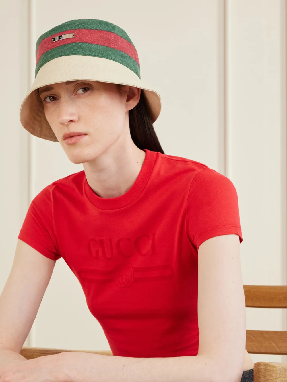 Gucci Webbing-trimmed Cotton Bucket Hat, styled view