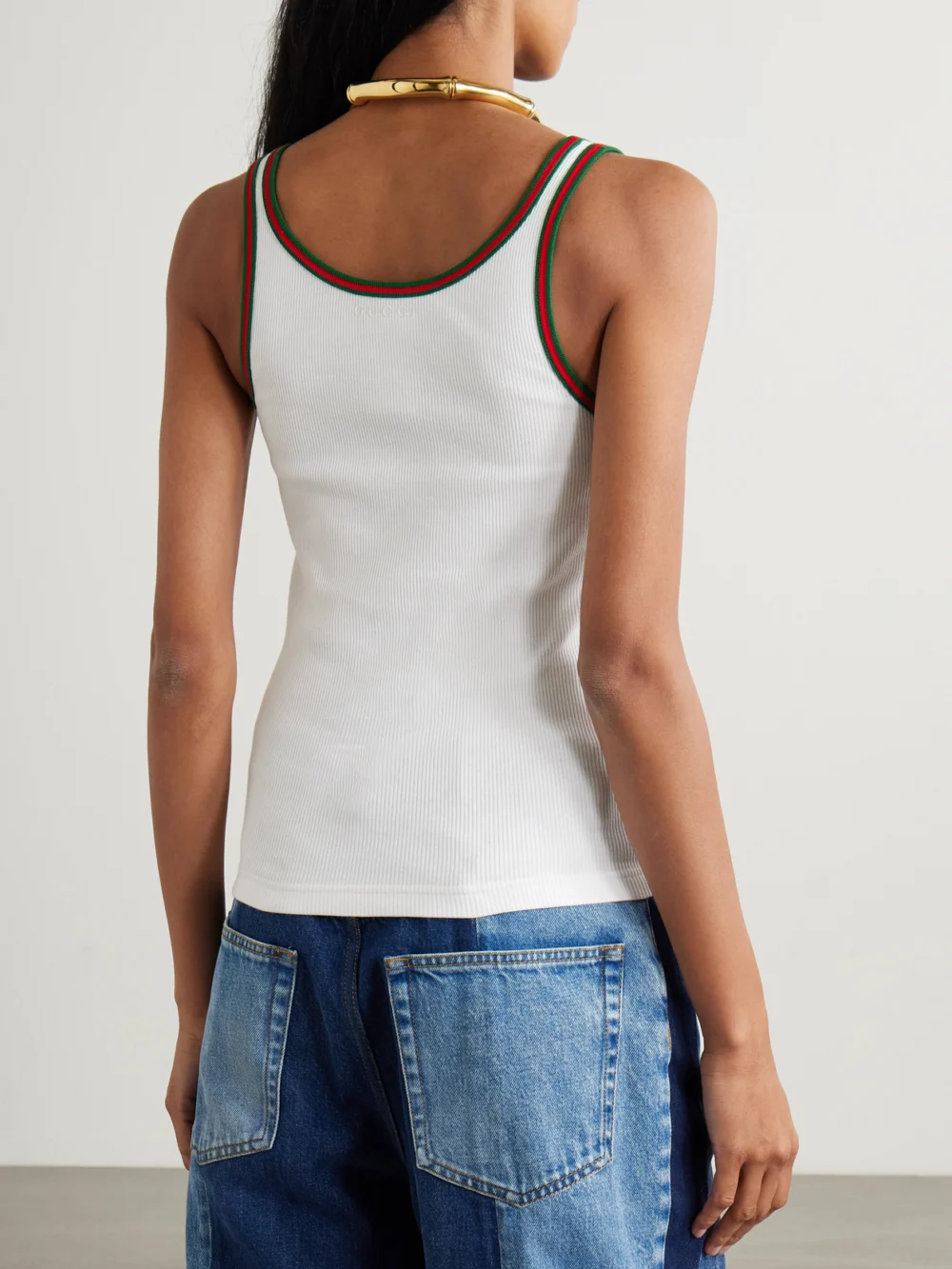 Back view of the Gucci Webbing-trimmed Ribbed Stretch-cotton Jersey Tank