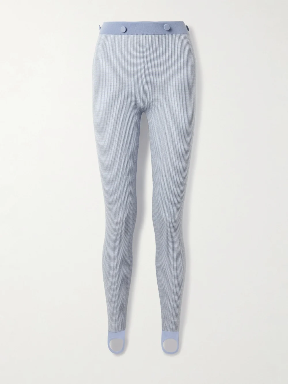 Guest In Residence Speed Skate Button-embellished Striped Ribbed Merino Wool-blend Stirrup Leggings in light blue