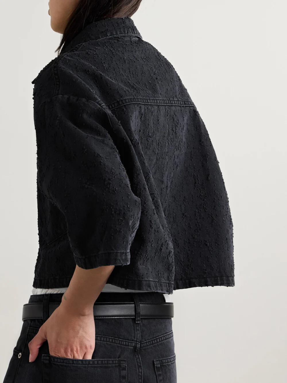 Back view of the Halfboy Cropped Distressed Denim Shirt