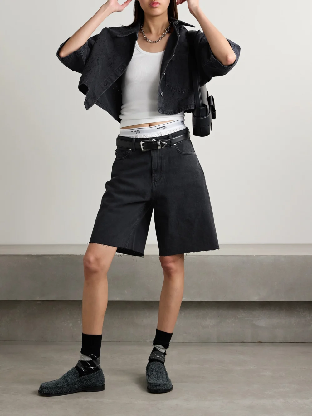 Halfboy Cropped Distressed Denim Shirt, worn by a model