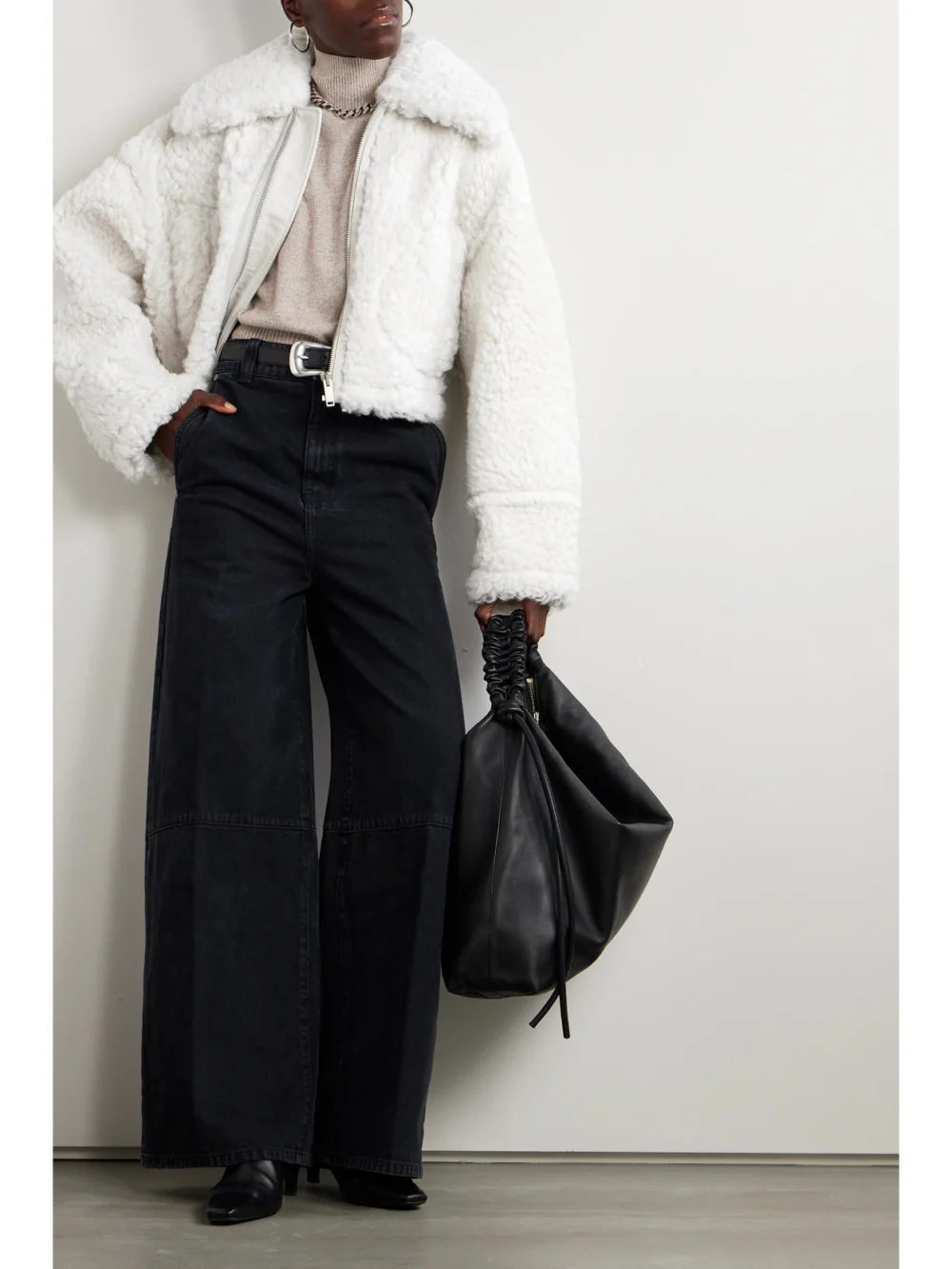 Halfboy Cropped Shearling Jacket, worn by a model