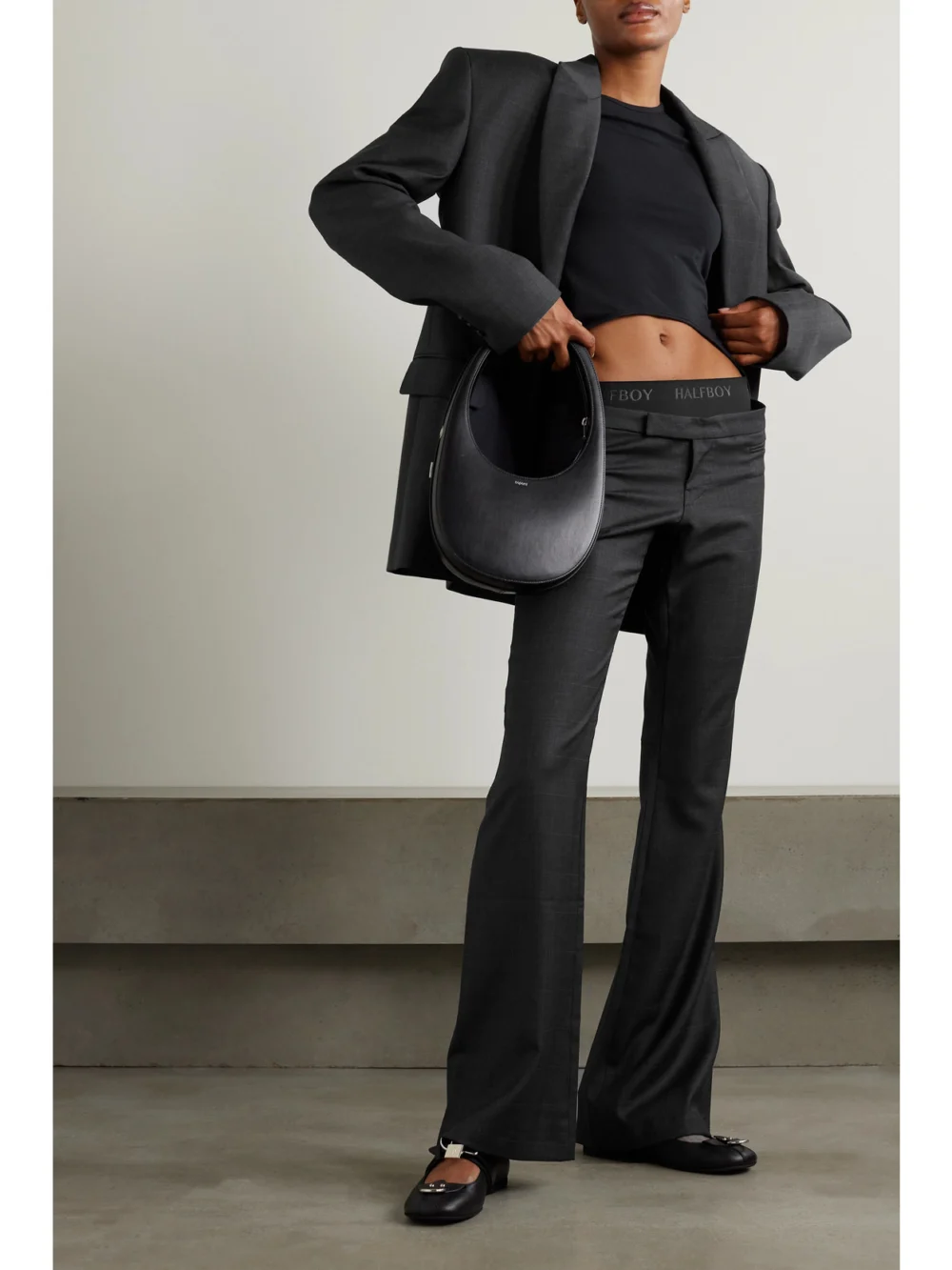 Halfboy Layered Jacquard-trimmed Checked Wool Flared Pants, worn by a model