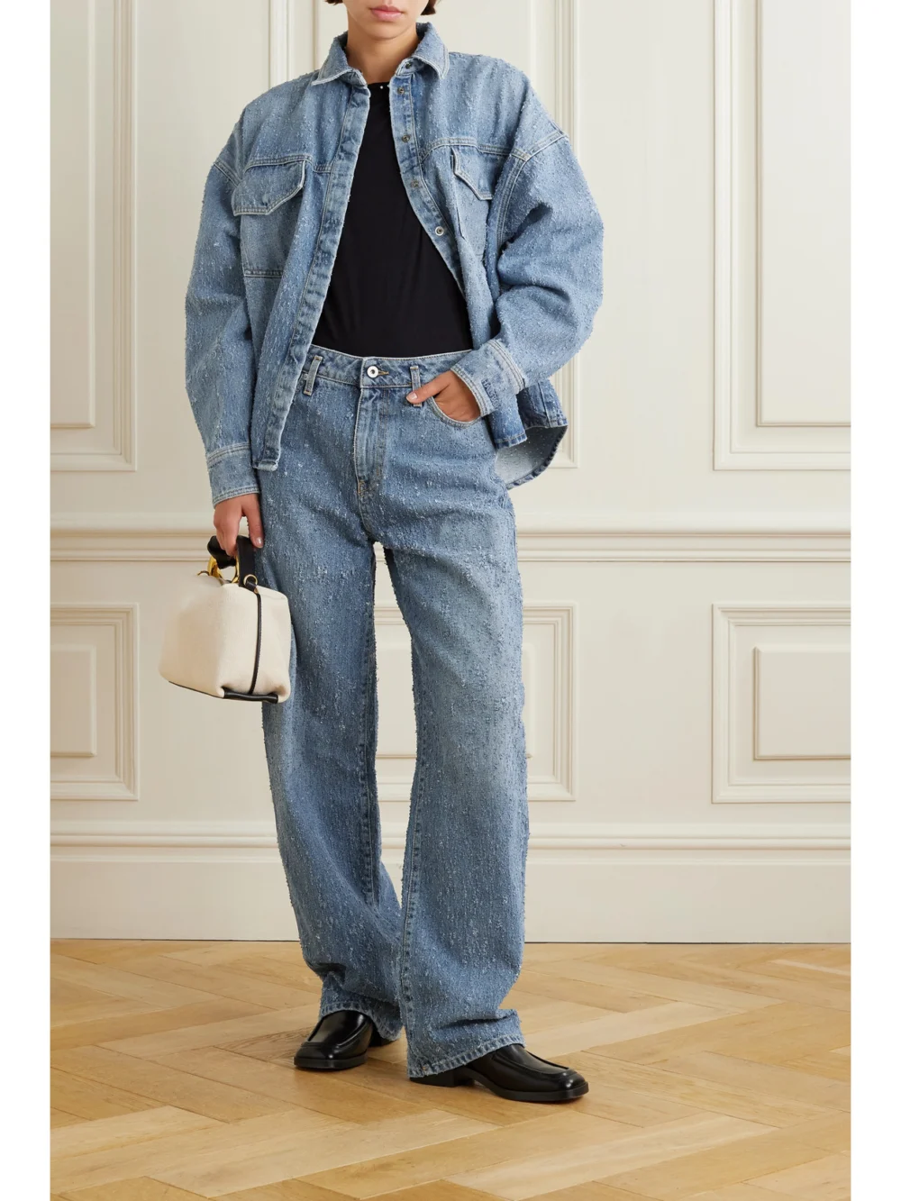 Halfboy Oversized Distressed Denim Shirt, worn by a model