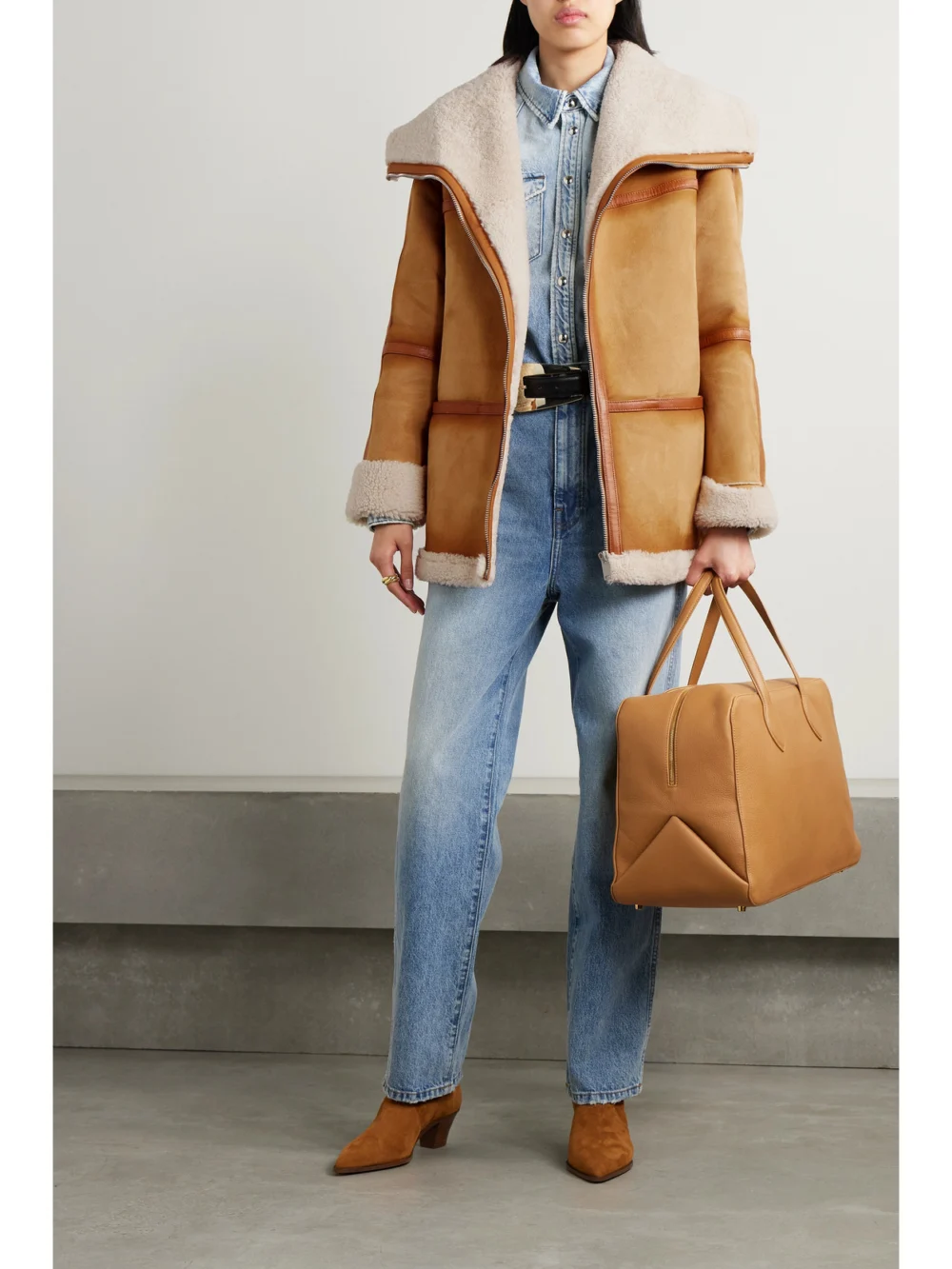 Halfboy Shearling Jacket, worn by a model