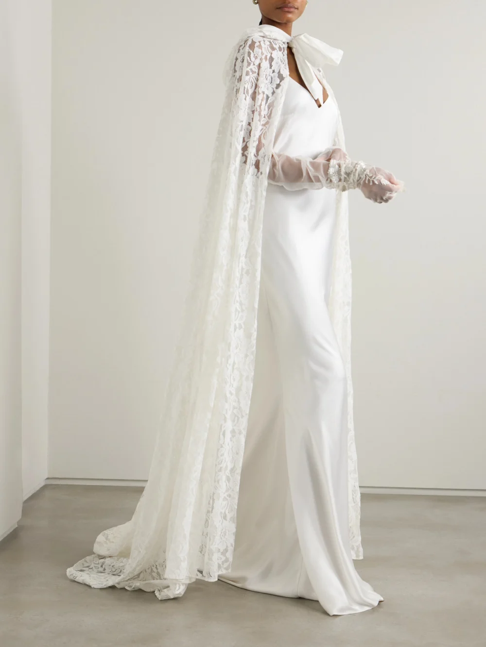 Halfpenny London Dean Hooded Twill-trimmed Lace Cape, worn by a model