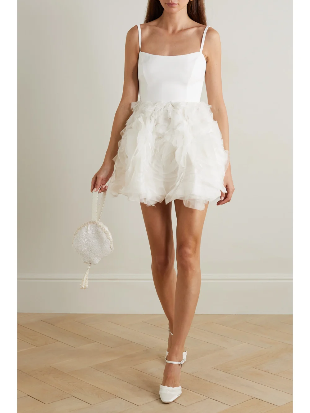 Halfpenny London Roxy Satin-crepe and Ruffled Organza Mini Dress, worn by a model
