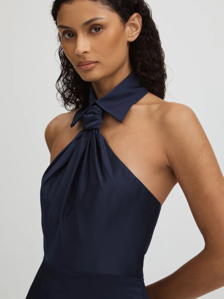 Halston Halston Women's Navy Blue Halter Neck Maxi Dress