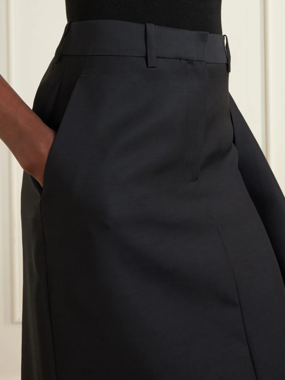 Close-up detail of the Heirlome Augusta Wool and Silk-blend Faille Midi Skirt