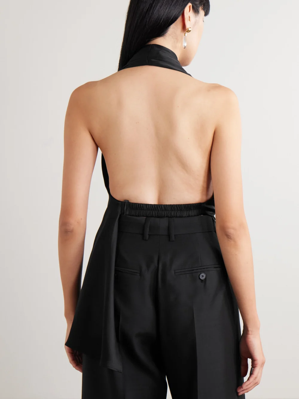 Back view of the Heirlome Barbara Gathered Draped Silk-satin Halterneck Blouse