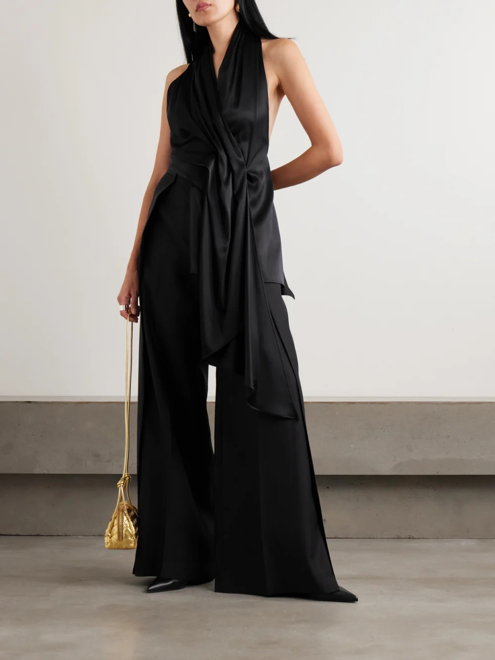 Heirlome Barbara Gathered Draped Silk-satin Halterneck Blouse, worn by a model