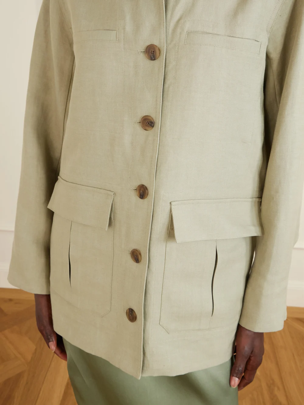 Close-up detail of the Heirlome Barn Linen Jacket