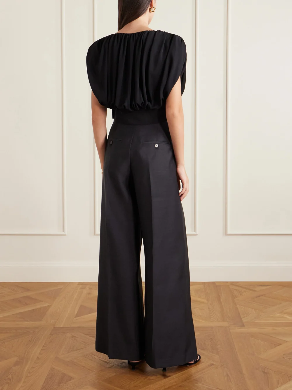 Back view of the Heirlome Cummerbund Cropped Gathered Silk-georgette Blouse