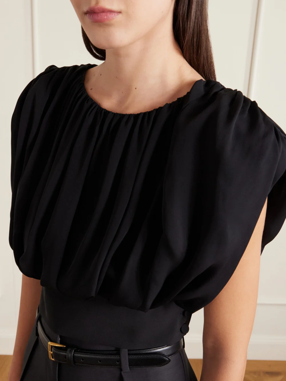 Close-up detail of the Heirlome Cummerbund Cropped Gathered Silk-georgette Blouse