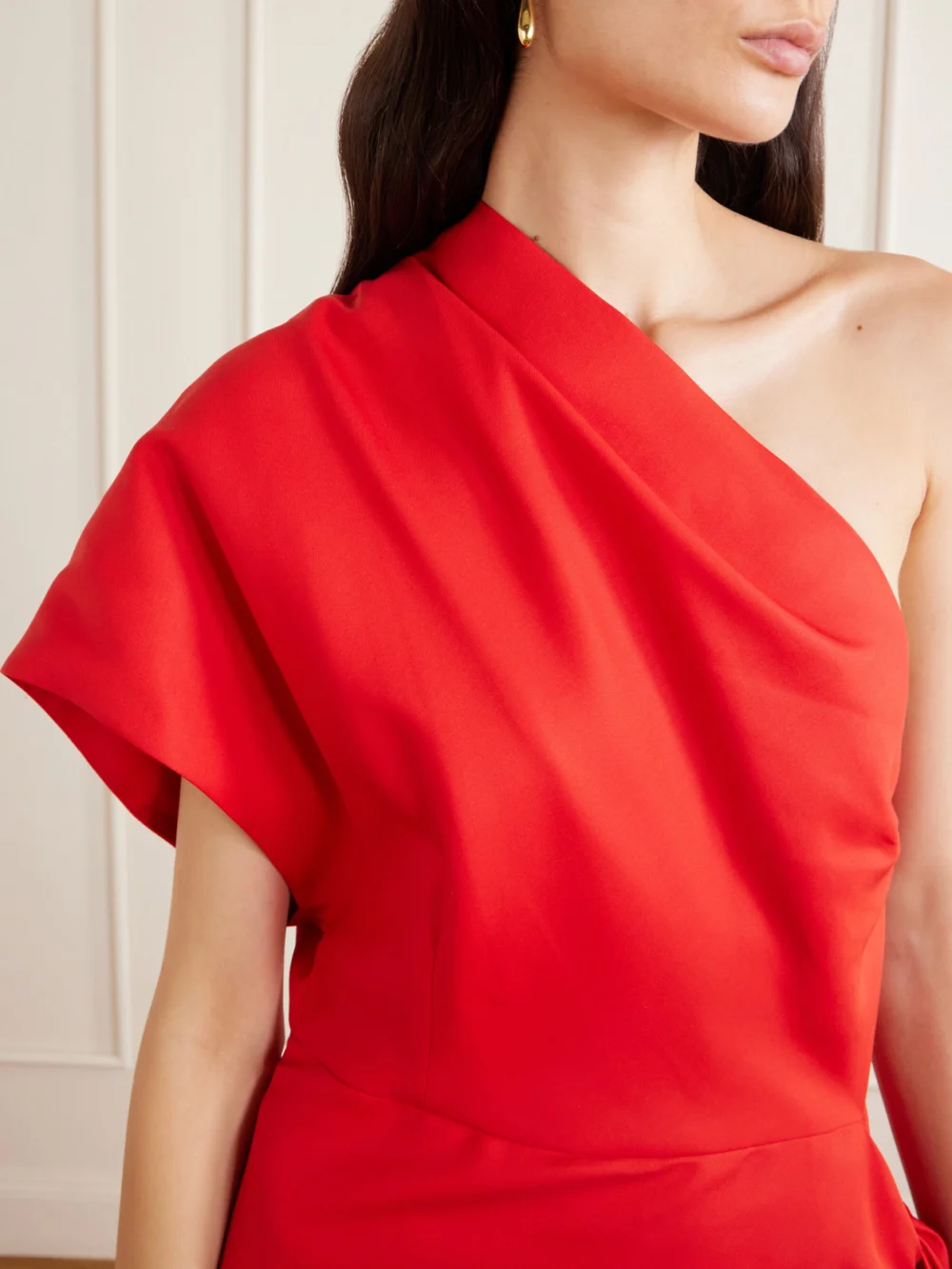 Close-up detail of the Heirlome Helena One-shoulder Silk-twill Maxi Dress