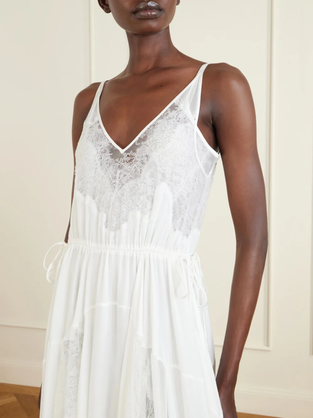 Close-up detail of the Heirlome Josephine Lace-trimmed Silk-georgette Maxi Dress