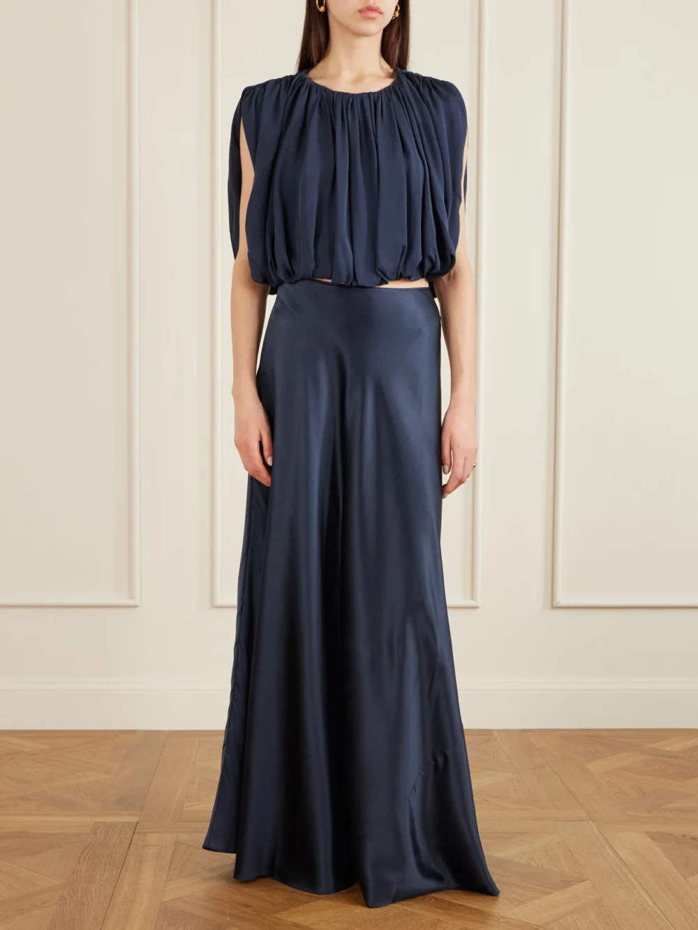 Heirlome Penelope Pleated Silk-crepe Top, worn by a model