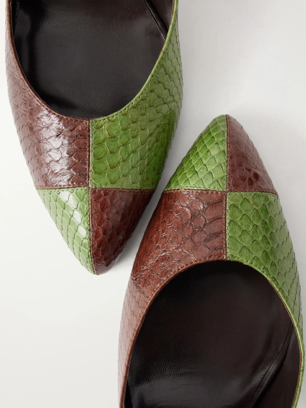 Close-up detail of the Herbert Levine Hidden Ambition 95 Snake Leather Mules