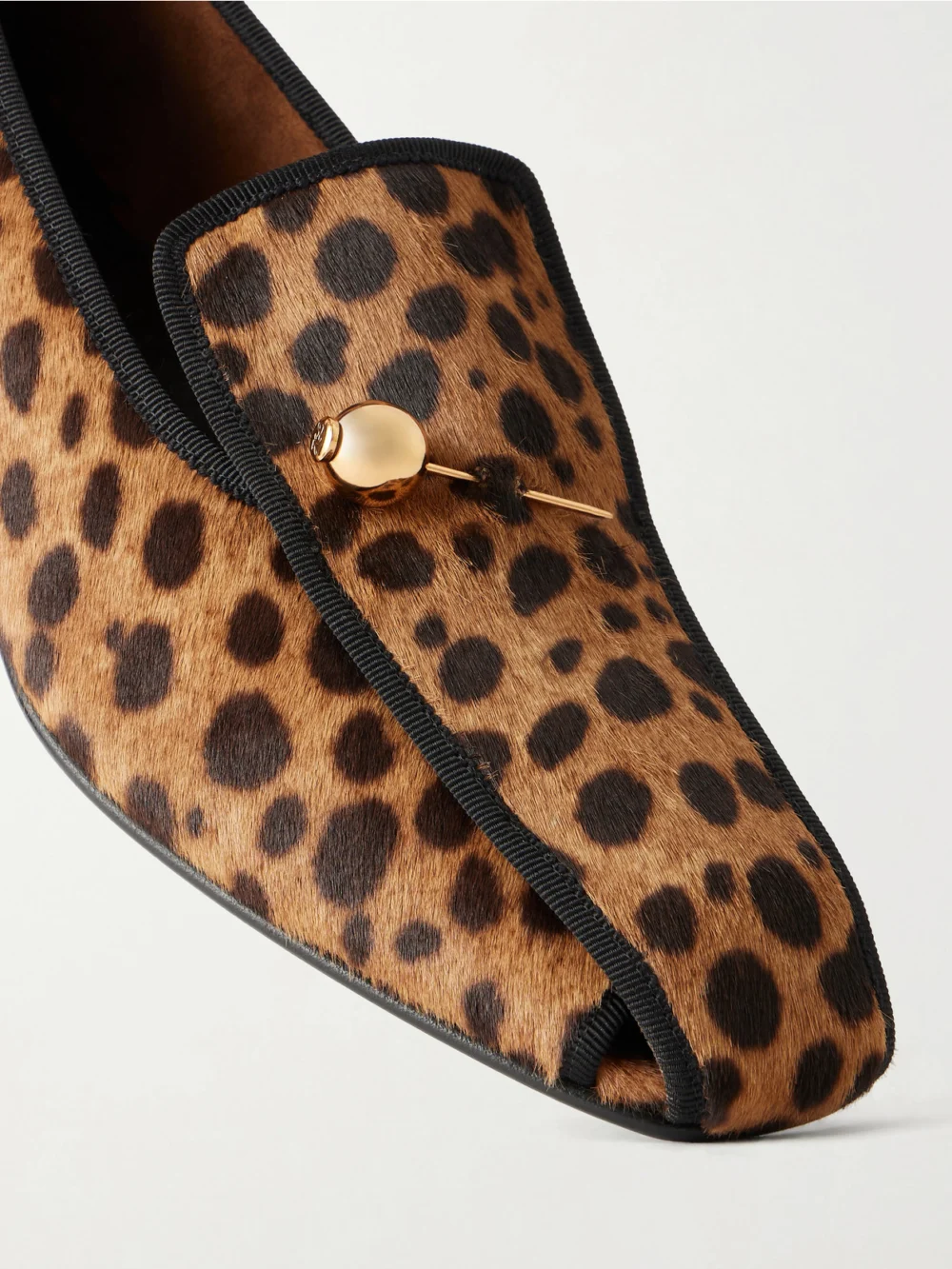 Close-up detail of the Herbert Levine Showtime 30 Leopard-print Pony Hair Loafers
