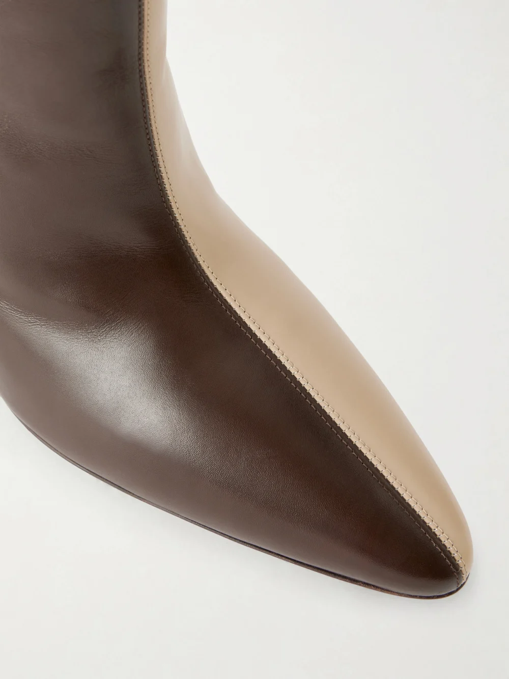 Close-up detail of the Herbert Levine Two Faced 80 Color-block Leather Boots