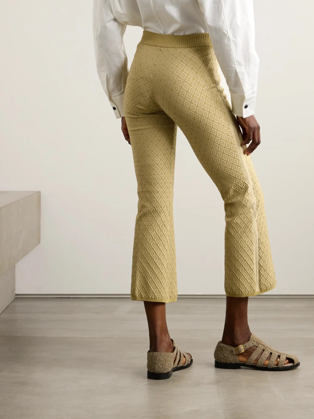 Back view of the High Sport Kick It Cropped Cotton-blend Jacquard Flared Pants