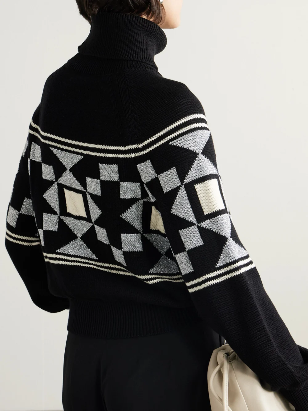 Back view of the High Sport Lara Intarsia-knit Metallic Cotton-blend Turtleneck Sweater