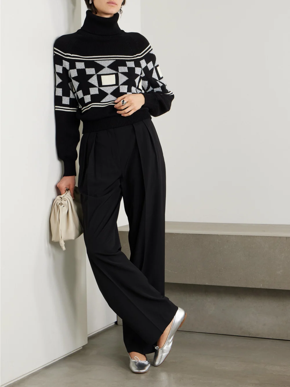 High Sport Lara Intarsia-knit Metallic Cotton-blend Turtleneck Sweater, worn by a model