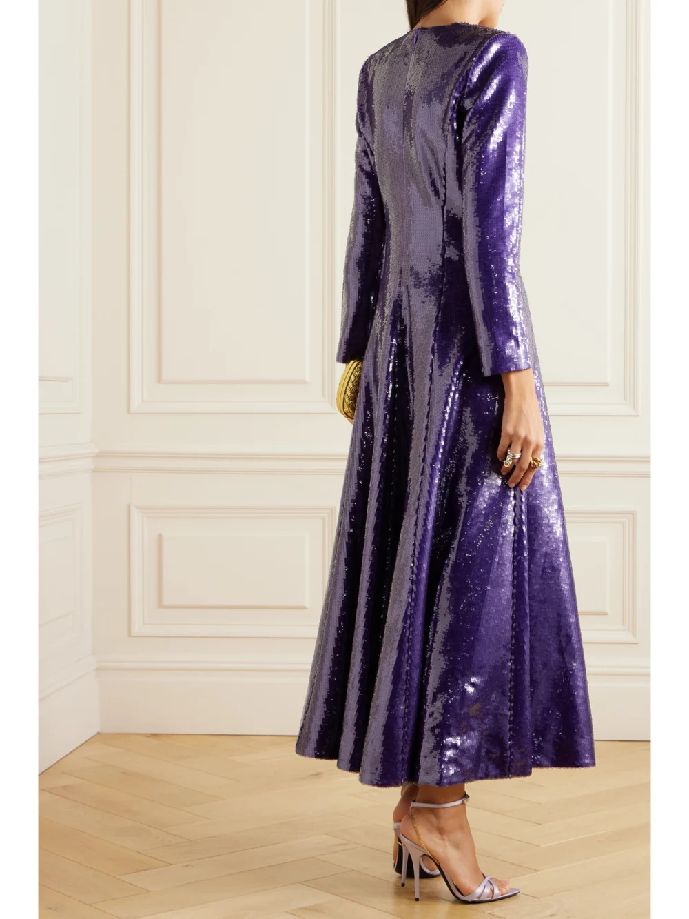 Back view of the Huishan Zhang Andy Pleated Sequined Satin Maxi Dress