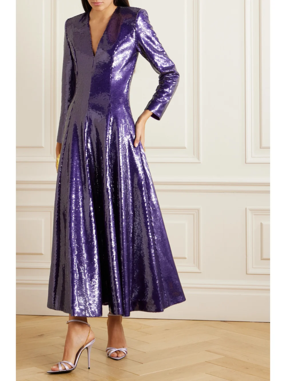 Huishan Zhang Andy Pleated Sequined Satin Maxi Dress, worn by a model