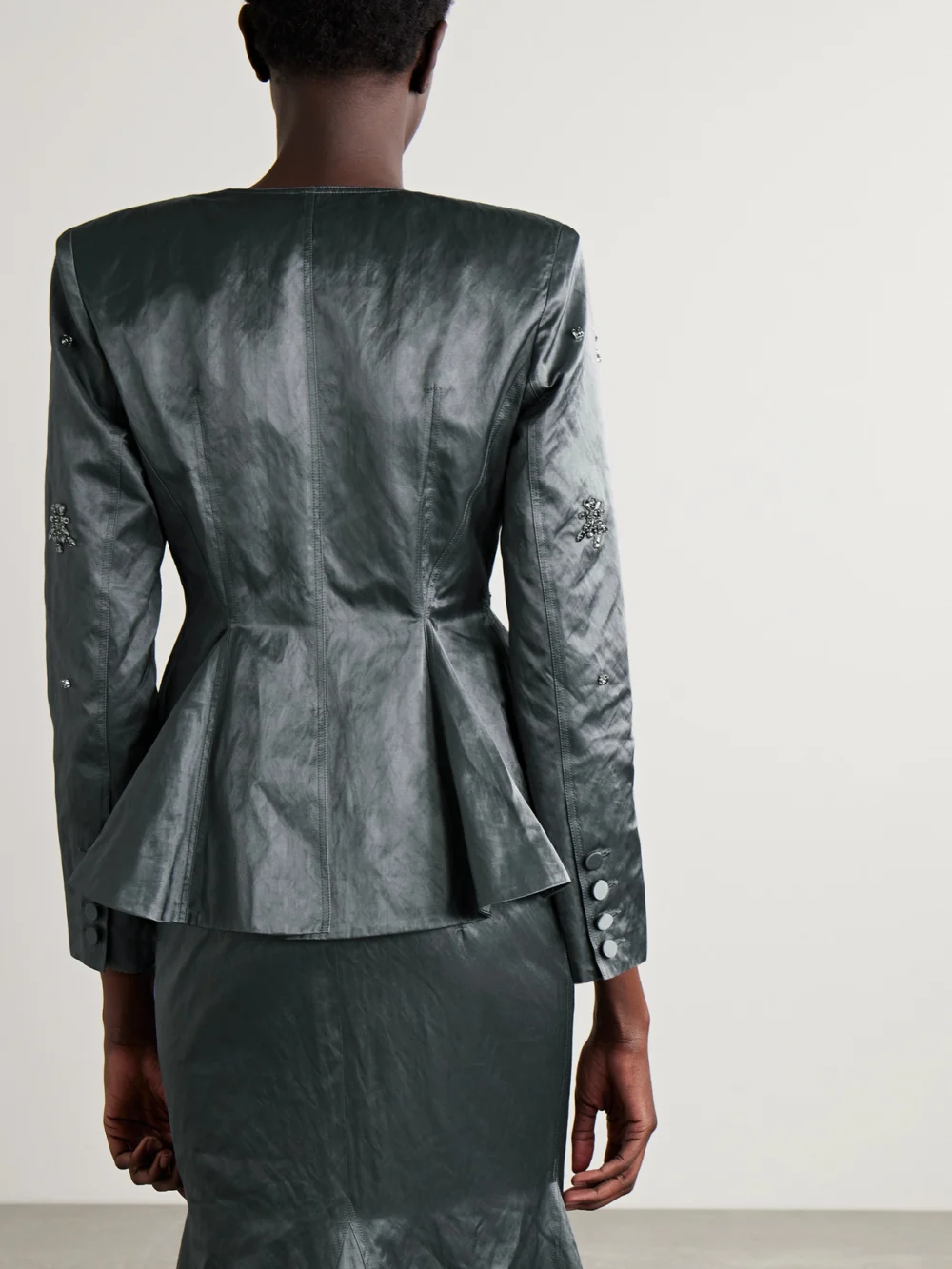 Back view of the Huishan Zhang Antoine Crystal-embellished Crinkled Satin-twill Blazer