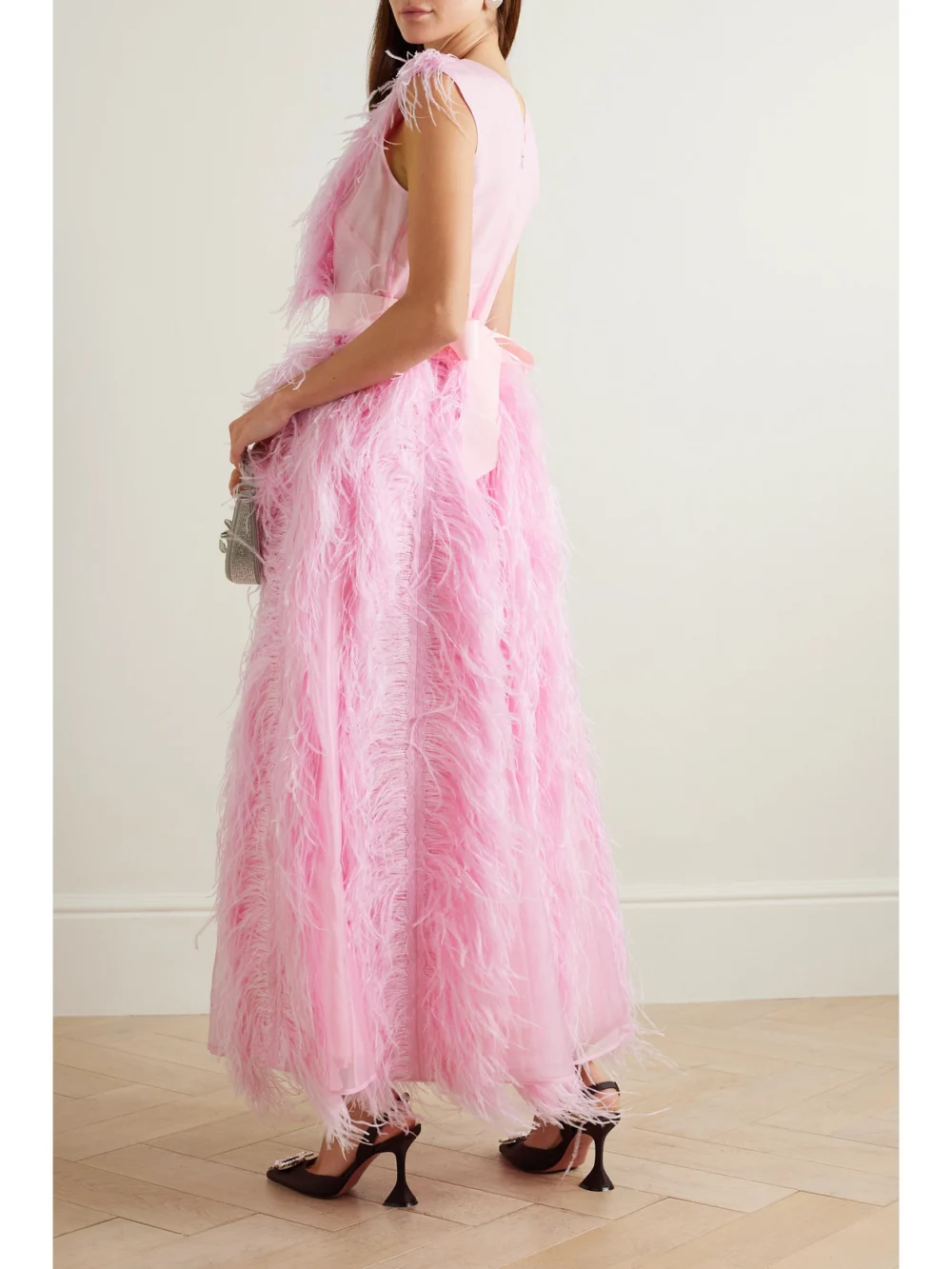 Back view of the Huishan Zhang Irina Belted Feather-embellished Silk-organza Gown