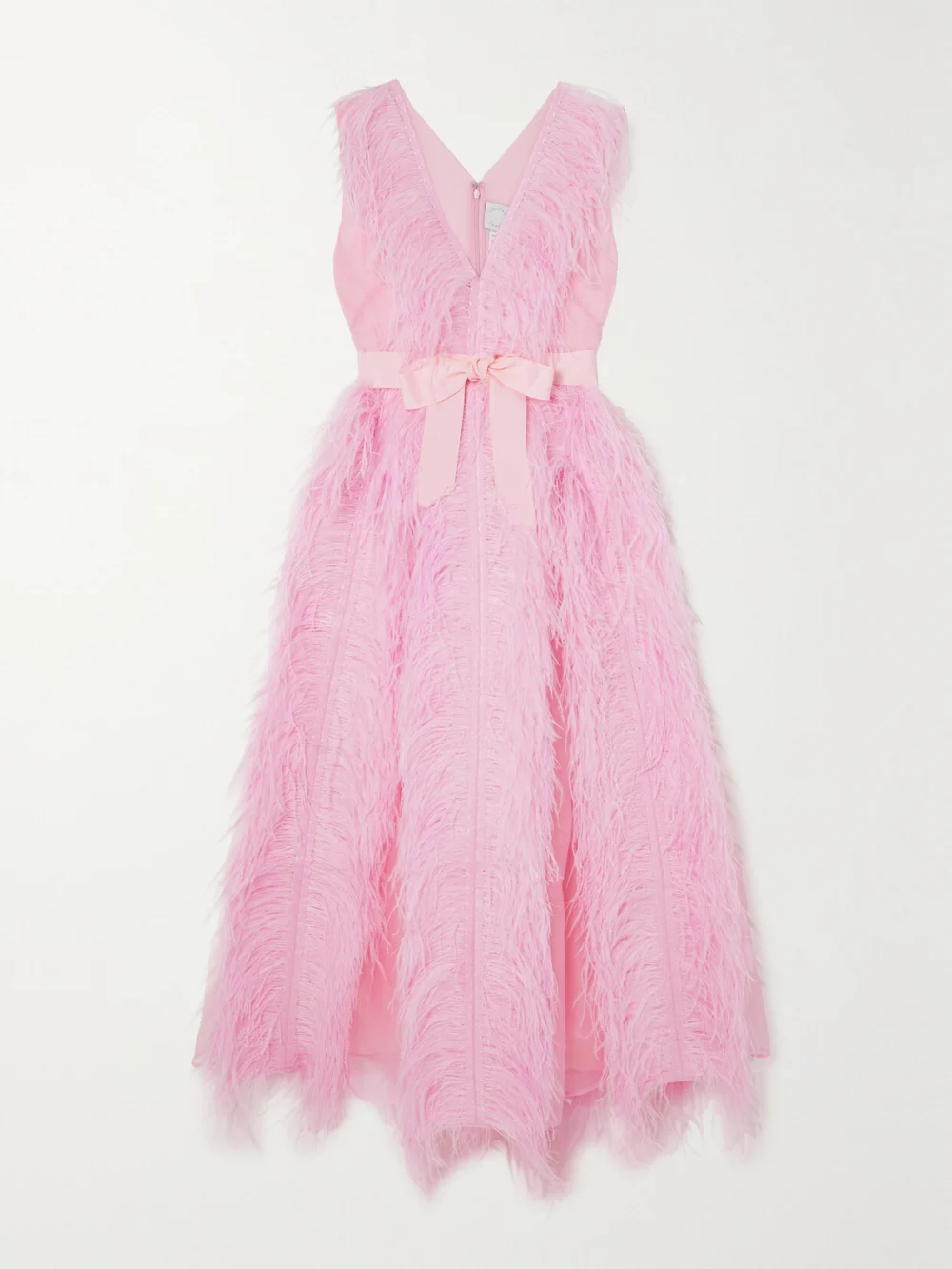 Huishan Zhang Irina Belted Feather-embellished Silk-organza Gown in pink