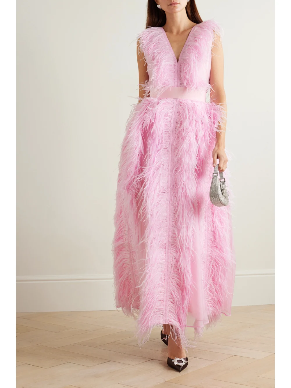 Huishan Zhang Irina Belted Feather-embellished Silk-organza Gown, worn by a model