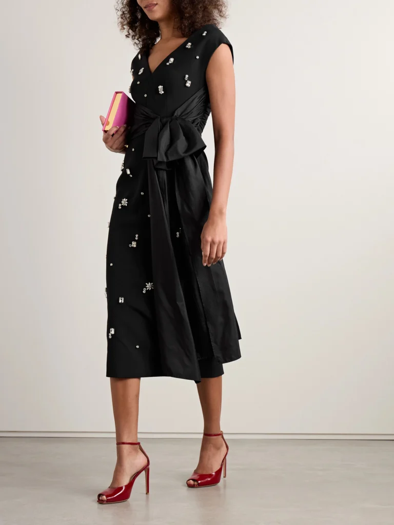 Huishan Zhang Kinsley Silk-taffeta Trimmed Crystal-embellished Crepe Midi Dress