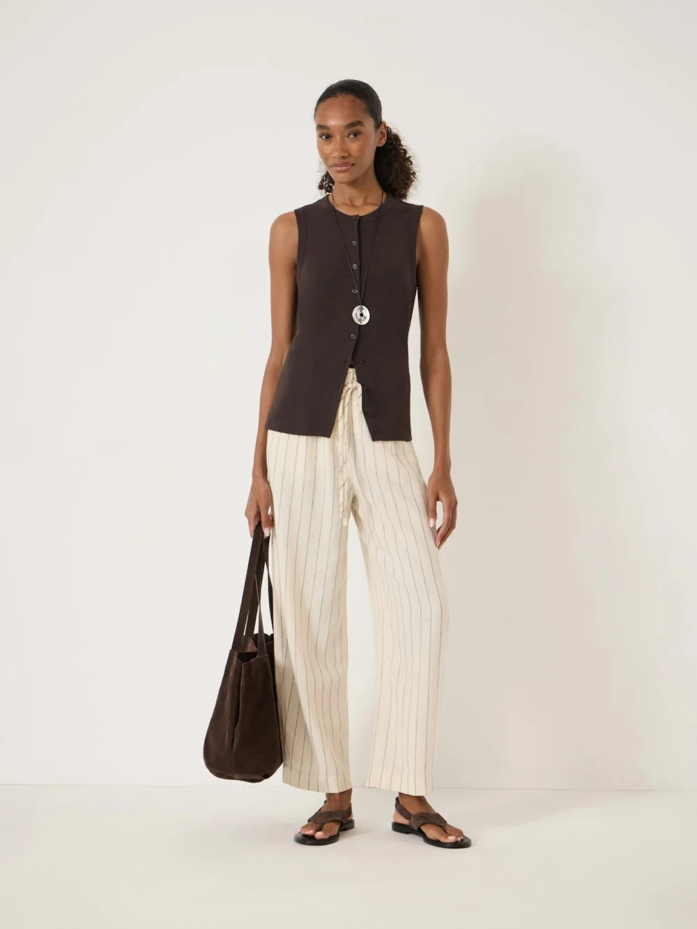 hush Aella Linen Pinstripe Barrel Trousers in beige